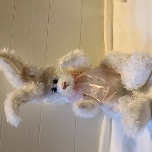 Cream colored fluffy bunny rabbit pink bow thread nose and movable arms and legs
